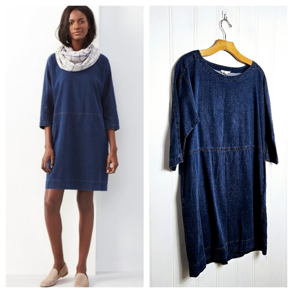 Eileen Fisher Tunic Dress PS Petite Small Dolman Sleeves Pockets Minimalist Blue